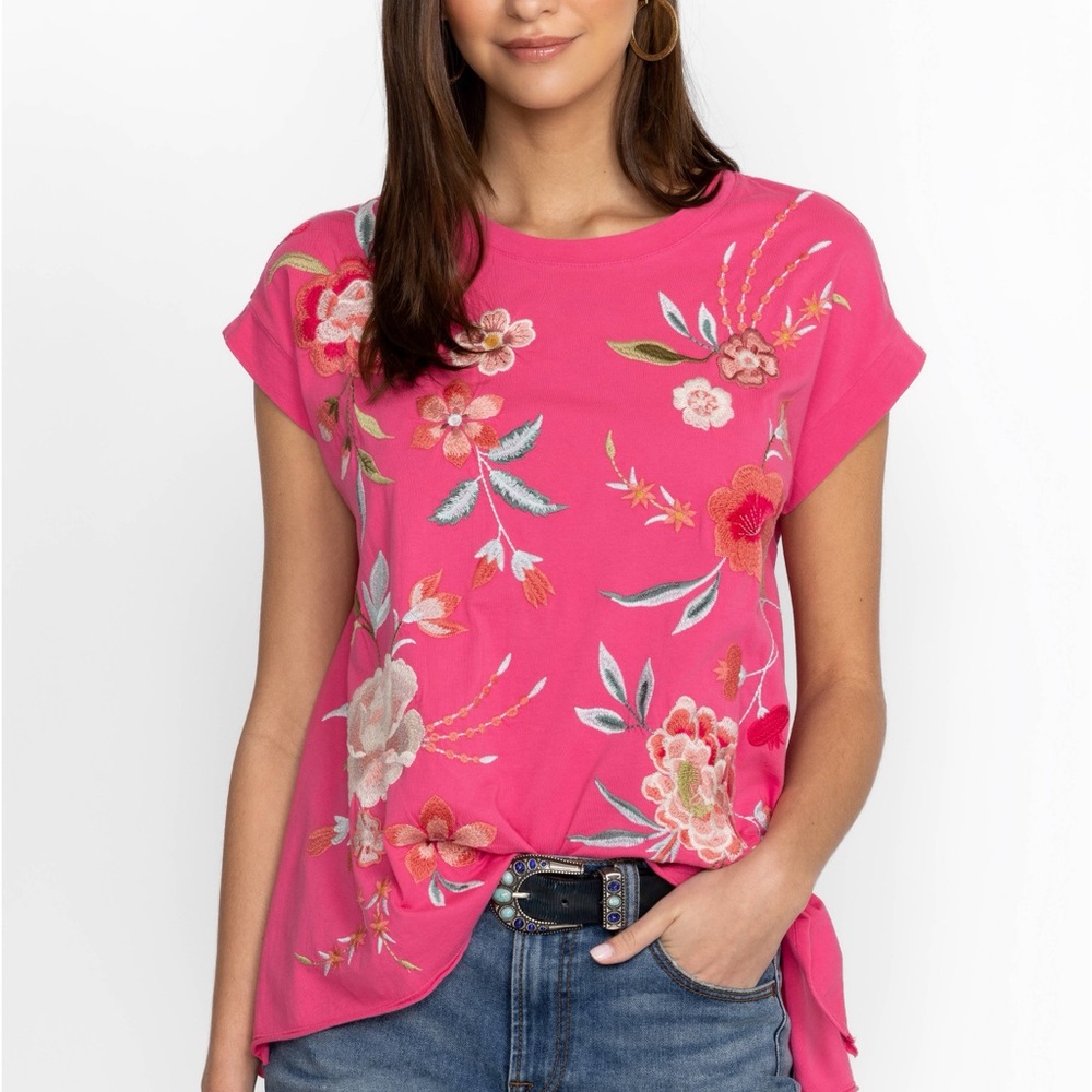 Johnny Was Pink Floral Embroidered Tee